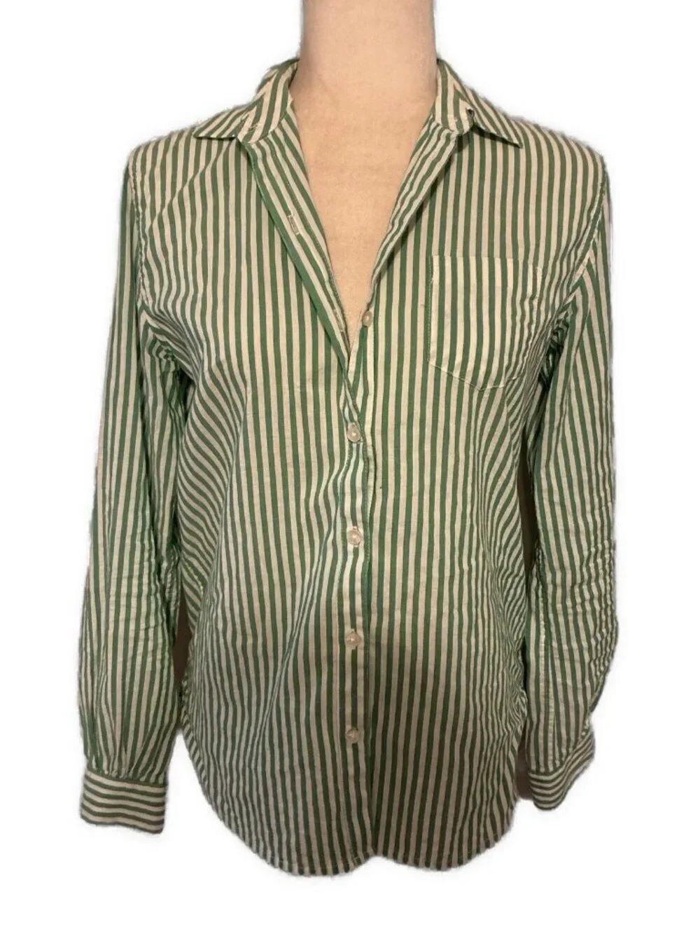 by trovata birds of paradis green white striped long sleeve button down top Xs